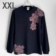 舞桜柄Tシャツ XXL ネイビー 手描き長袖Tシャツ 袖リブ付き ロンT