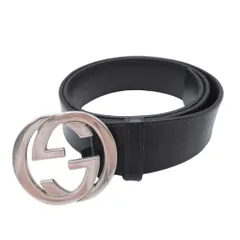 良品 GUCCI グッチ 114984 インターロッキングG ロゴバックル レザーベルト ハトメタイプ 38mm幅 80.32 黒 ブラック シルバー メンズ 古着 中古 USED
