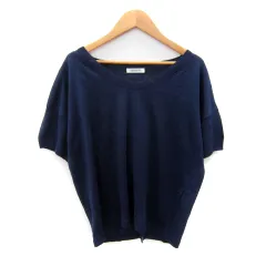 ニューヨーカー NEWYORKER BLUE サマーニット カットソー 半袖 ラウンドネック 無地 スリット 麻 リネン M 紺 ネイビー /SY27