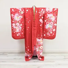 七五三 女の子 7歳 四つ身 着物 襦袢付き 絵羽柄 白 赤 桜 BY7-4