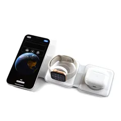 折り畳み式コンパクトサイズ　３in１ワイヤレス充電器Magsafe対応　１５Ｗ　超軽量約112ｇ　３台同時充電可能　持ち運びにも便利！　　スマートフォン、Apple Watch、AirPods