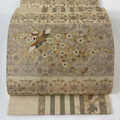 袋帯 秀品 聖鳥正倉文 草花 唐織 金糸 ピンクベージュ 六通 正絹 【中古】