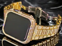 ゴールド★Apple Watchバンド ステンレスベルト アップルウォッチ画面保護カバー パヴェglassケース キラキラ クリスタル メッキ 40mm41mm44mm45mm ★series10 42mm 46mm★