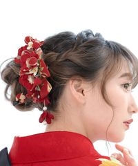 【色:レッド】3点セット 玉かんざし 袴 リボン 卒業式 縮緬 和装 結婚式 髪