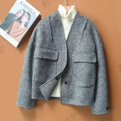 チェック柄 ノーカラーコート カシミア ウールコート 2ボタン ショート丈 ダブルフェイス レディース 羽織り【あすか】