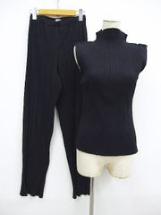 美品 ISSEY MIYAKE イッセイミヤケ プリーツプリーズ 上下 ノースリーブカットソー パンツ ネイビー 濃紺 Mサイズ L0001-0524-8