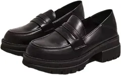 goodspoon コインローファー シンプル 厚底 快適 シューズ レディース カジュアル 学生 定番 オシャレ ミッドヒール ソフトクッション 太ヒール 走れる 美しい 綺麗 疲れない 靴 ウェッジ 痛くない(ブラック,  23.0 cm)