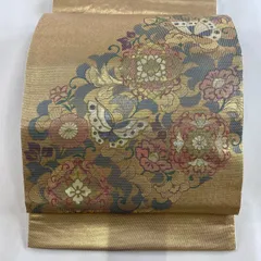 袋帯 名品 落款 建物 樹木 螺鈿 箔 鶯色 お太鼓柄 正絹 【中古】