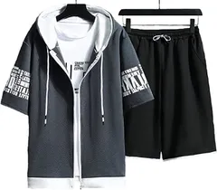 emptio エンプティオ ストリート フルジップ 半袖 パーカー ハーフパンツ お洒落 上下セット メンズ(＃ダークグレー,  2XL)