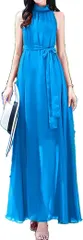 babester シフォン ロング ドレス パーティー 結婚式 二次会 マキシ丈 後ろリボン ウエストマーク ウエストベルト キャバクラドレス ボヘミアン フリーサイズ( ブルー,  Free Size)