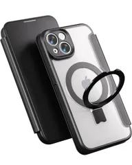 ★【Magsafe対応 多機能スタンド】smhokesu iPhone 13/14兼用 ケース 手帳型 MagSafe充電 リング カード収納 マグネット式 背面透明 カメラ保護カバー一体型 耐衝撃 全面保護 6.1インチ用 ブラック