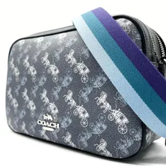未使用<!-利用不可文字-!>COACH ショルダーバッグ ホースアンドキャリッジ レザー PVC 青 カメラバッグ クロスボディ 肩がけ 斜め掛け レディース 馬車金具 ロゴ金具 シルバー金具 ブラウン F91109