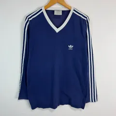 old adidas アディダス 長袖Tシャツ ロンT Vネック ワンポイントロゴ ロゴ刺繍 トレフォイルロゴ ネイビー Lサイズ メンズ 古着 ストリート スポーツMIX