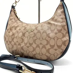 ✨良品✨ COACH コーチ 2way ショルダーバッグ トートバッグ ハーフムーン マルチカラー  シグネチャー 総柄 馬車金具 ゴールド金具 肩掛け 斜め掛け PVCレザー シボレザー レディース ベージュ 肌色 ライトブルー 水色 ネイビー 紺色