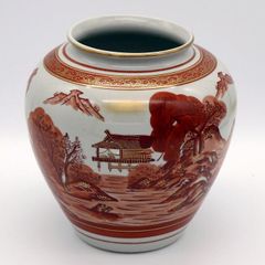 D-壁 九谷焼 竜山 龍山 花瓶 花器 竹図 金彩 赤絵 壺 昭和レトロ