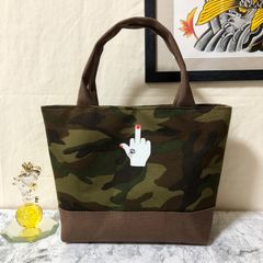 中指ミニトートバッグ カーキ&ブラウン ハンドメイド メンズ レディース ハンドバッグ ストリート