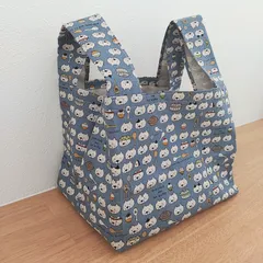 折り畳みトート ミニ コンビニ袋風 ねこ ごはん ブルー色 ハンドメイド商品♡綿麻素材