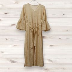 D0275 ヴィンテージ Vintage ロングワンピース 長袖 (M) 黄 総柄 柄もの ノーカラー
