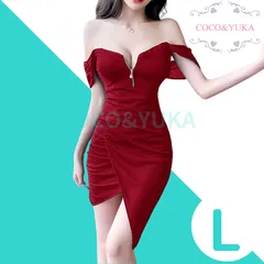 [ COCO&YUKA公式 ] ココアンドユカ 胸 開き チャック タイト ワンピース キャバ 嬢 ドレス パーティ 肩出し オフショルダー ミニ 膝丈 スカート カシュクール ワンピ 半袖 パット 付き 半袖 ノースリーブ レッド L B0CJ2DXQZ7