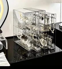 大容量 2段引き出し ジュエリーオーガナイザー 透明 アクセサリー収納ボックス イヤリングハンガー ドレッサー展示スタンド ピアス ネックレス 指輪 ブレスレット キーホルダー収納 デスク デコレーションボックス レディース　３つセット