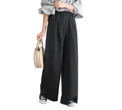 [Four leaf] ワイドパンツ レディース 春夏 ガウチョパンツ ウエストゴム 大きいサイズ (XL, 黒) [ブラック] [XL]