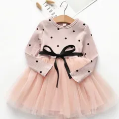 キッズ ドットリブチュールワンピース韓国子供服 チュチュドレス長袖ピンクネイビー