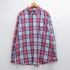 XL/古着 チャップス 長袖 ブランド シャツ メンズ ワンポイントロゴ 大きいサイズ ロング丈 ボタンダウン 赤他 レッド チェック 25mar27 中