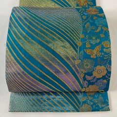 袋帯 秀品 関西仕立て 草花 幾何学模様 箔 金糸 青緑 六通 正絹 【中古】