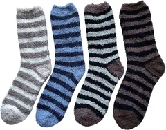 モードセレクト ふわふわソックス メンズ 4足組 あったか 厚手 冬 靴下 もこもこ 柔らかいルームソックス ボーダー4足セット 色お任せ(ブラック、グレー、ブラウン)