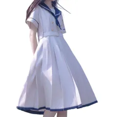 新品 セーラー服 ワンピース 半袖 紺色 ホワイト 女子高生 3点セット ハロウィン 衣装 JK 制服 コスチューム ロングスカート ネクタイ ベルト ボタン 女子制服 写真 撮影 文化祭 学歳 卒業式 可愛い 森ガール (L ホワイト)