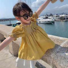 リボンチュニック 【新品】【110-130】山吹色　マスタード　イエロー　女の子　プリンセス　半袖　夏　パフスリーブ Tシャツ　カットソー　トップス　シャツ
