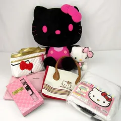 ハローキティ ブラック×ピンク ぬいぐるみ キルティングポーチ トートバッグなど 7点セット グッズ まとめて 大量 レディース 【中古】