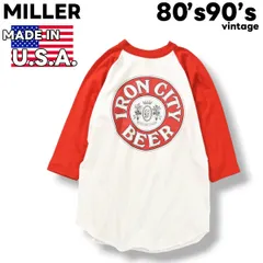 80s 90s ヴィンテージ USA製 ミラー MILLER 五分袖 ラグラン Tシャツ シングルステッチ クルーネック カットソー ビール 企業物 プリント M ホワイト ｘ レッド アメリカン カジュアル ウェア メンズ