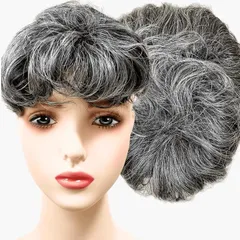 ルスブリラーレ (Luce brillare) 部分ウィッグ かつら ヘアピース ポイントウィッグ 白髪 グレイヘアー 女性 レディース 人工毛 ショート 前髪 ストレート 前髪ウィッグ O型つむじ(白5黒5,  グレイヘアーパーマ)