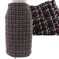 インデックス INDEX モールツイード チェックタイトスカート C58-75035 ミモレ丈 ウエストゴム ネイビー 紺 レッド 赤 ホワイト 白 M