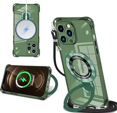 【在庫処分】iPhone 12 Pro Max 用 ケース クリア MagSafe対応 リング付き ネック ショルダー アイフォン12プロマックス 縄掛けケース 透明 肩掛け 斜めかけ 韓国 可愛い 縄掛け カバー 丸型スタンド付き マグネット搭載 縦