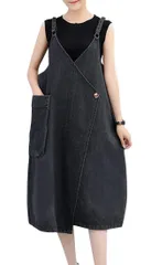 Size:XL_Color:ブラック [アイカ] デニムジャンパースカート デニムサロペット デニムワンピース ゆったり Aライン ノースリーブ ミモレ丈 ミディ丈 ヴィンテージ ウォッシュ Vネック 無地 レディース XL ブラック