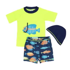 ☆ グリーン ☆ 78cm-88cm(3T) ☆ 水着半袖男の子 lyswim6 水着 男の子 ラッシュガード キッズ セパレート 3点セット 約 80 90 100 110 約 120 130 140 ベビー 半袖 帽子付き ショートパンツ 裏地付き 水遊び