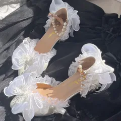 【オリジナル手作り×甘ロリ】フリル＆リボン ホワイト5cmハイヒール 丸いつま先 パールストラップ ブライダル＆ウェディングシューズ ロリータ／宮廷風／撮影会／パーティにも最適