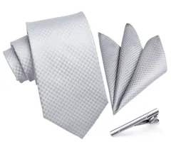 【新着商品】[HISDERN] A3-01 結婚式 シルバー ネクタイ チーフ タイクリップ 3点セット 幅8.5cm メンズ ブランド ギフト ボックス付き 冠婚葬祭 婚礼用 礼服用 紳士用 新郎 12柄