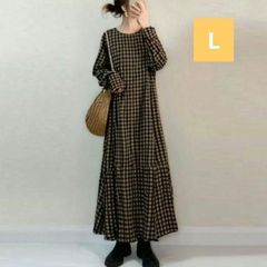 Lサイズ　ワンピース チェック ブラウン ロングワンピース 長袖 Aライン①