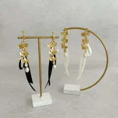 2way ブライダル お呼ばれ ブラックリボン ホワイトリボン 淡水パール フラワー 結婚式 前撮り ウェディング  成人式 リボン イヤリング ピアス サージカルステンレス 316L