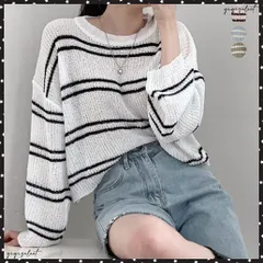透かし編み ニットトップス ボーダー夏服サマーニット レディース クルーネック ショート丈トップス ゆったり プルオーバー 大人カジュアル 冷房対策 日焼け止め薄手 透け感ニット 春夏秋お洒落ニット 韓国ファッション夏