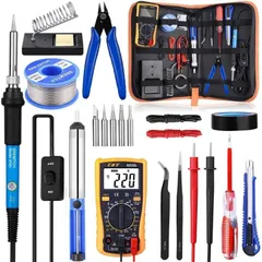 新品ビはんだこてセッ卜21-in-1温度調節可(200~450℃)ON/OFFスッチ60W/110V 八ンダ丁テ先5つ 100半田線脱錫ポンプ ピンセット スタンド マルチ