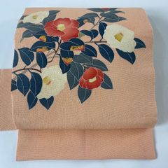 名古屋帯 秀品 落款 椿 縮緬 ピンクベージュ 正絹 【中古】
