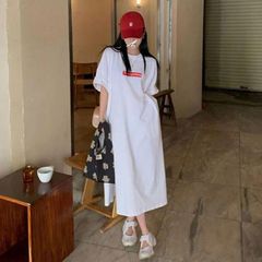 半袖 ロゴ ロングワンピース Tシャツ スウェット カットソー 大きめ スリット プルオーバー 部屋着 マキシ マキシワンピ 五分袖 ロング xzxiaoyun437