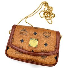【K686】MCM（エムシーエム）/ヴィセトス/チェーンショルダーバッグ/ゴールドプレートロゴ/ブラウン