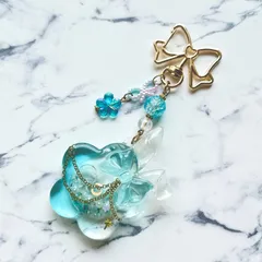 ハンドメイド レジンシェイカーキーホルダー 花 うさ耳 ブルー クリア シェイカー