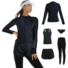 ラッシュガード 5点セット 4サイズ フィットネス 水着 レディース 体型カバー タンクトップ レギンス 長袖 UVカット