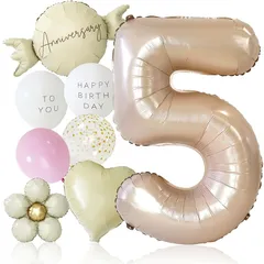 【新品】 deerzon くすみピンク 5歳 くすみカラー 数字 バルーン 誕生日 飾り付け 10点 セット 大きい 65cm くすみ ニュアンスカラー ナンバーバルーン バースデー 0